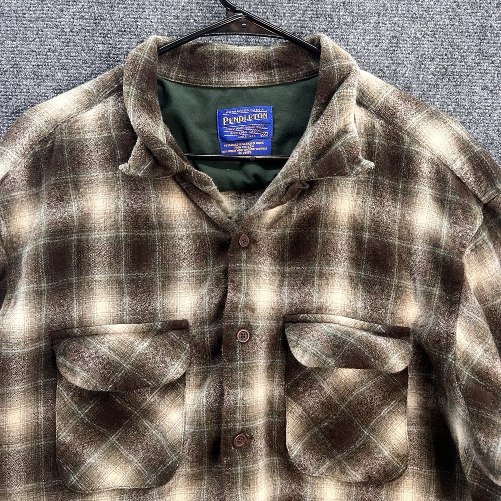Vintage Pendleton Board Shirt Mens 2XL Brown Plaid 100% Virgin Wool Loop Collar